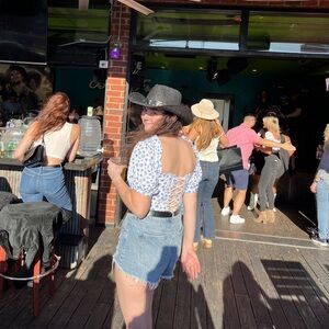 Cropped Blue and White Flower Top with Tie back and Puffy Sleeves